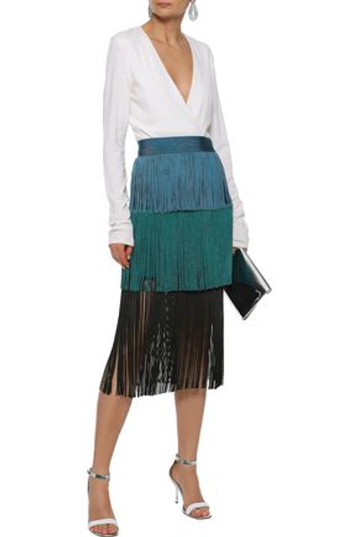 Shop Herve Leger Tiered Fringed Color-block Bandage Midi Skirt In Jade