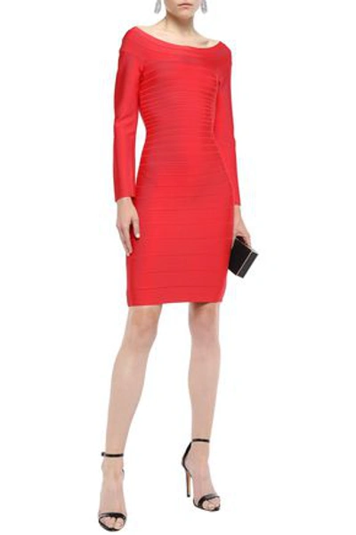 Shop Herve Leger Candice Off-the-shoulder Bandage Mini Dress In Tomato Red
