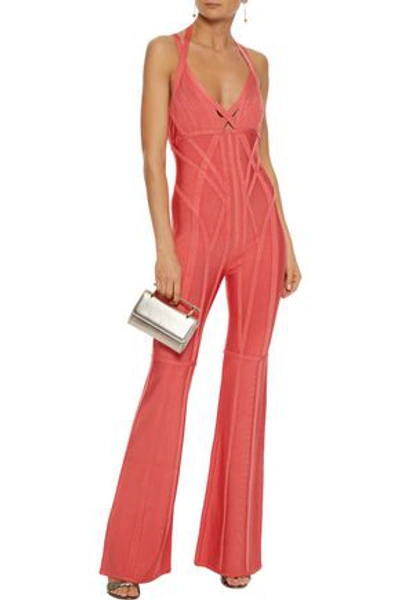 Herve Leger Hervé Léger Woman Cutout Bandage Flared Jumpsuit Coral |  ModeSens