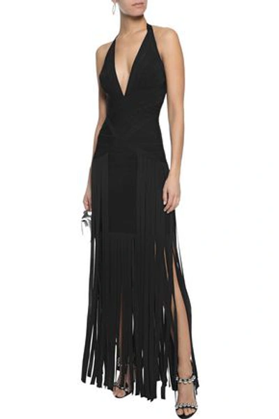 Shop Herve Leger Hervé Léger Woman Fringed Bandage Halterneck Gown Black