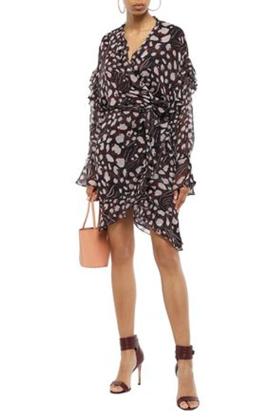 Shop Iro Linger Ruffled Leopard-print Chiffon Mini Wrap Dress In Black