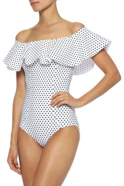 Shop Lisa Marie Fernandez Mira Off-the-shoulder Ruffled  Swimsuit In White