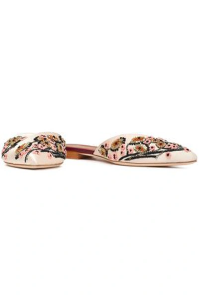 Shop Malone Souliers Woman Portia Bead-embellished Embroidered Satin Slippers Pastel Pink