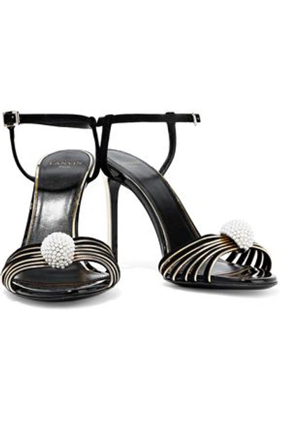 Shop Lanvin Woman Faux Pearl-embellished Leather-trimmed Suede Sandals Black