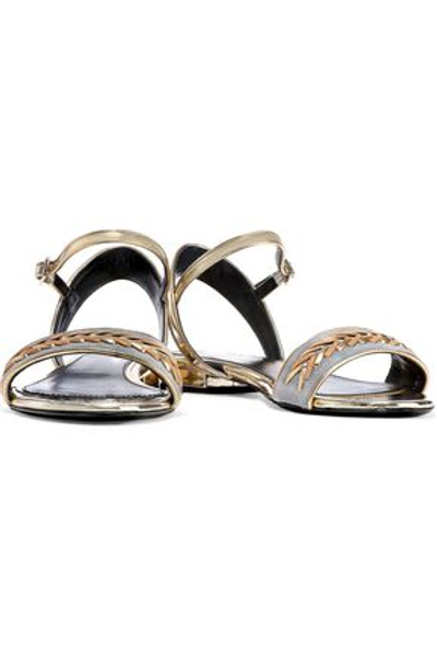 Shop Lanvin Woman Whipstitched Suede-paneled Mirrored-leather Sandals Gold