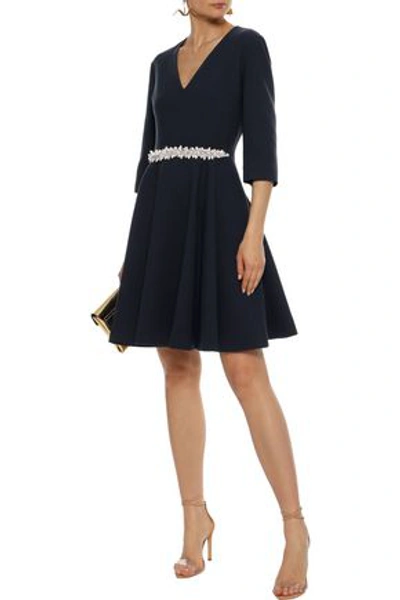 Shop Lanvin Woman Faux Pearl-embellished Wool-crepe Dress Navy