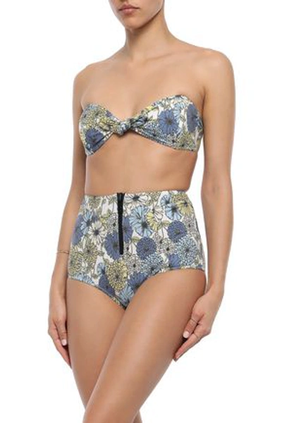 Shop Lisa Marie Fernandez Knotted Floral-print Cotton-blend Bandeau Bikini In Light Blue