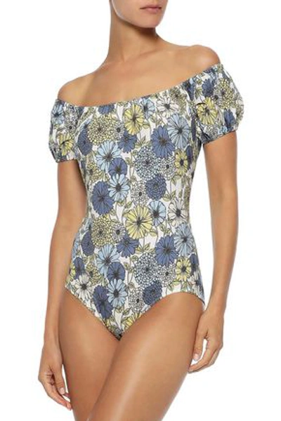 Shop Lisa Marie Fernandez Mira Off-the-shoulder Textured Cotton-blend Swimsuit In Multicolor
