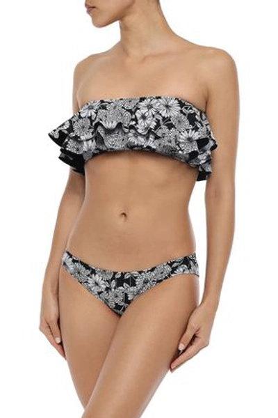 Shop Lisa Marie Fernandez Ruffled Floral-print Bandeau Bikini In Black