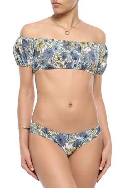 Shop Lisa Marie Fernandez Off-the-shoulder Floral-print Cotton-blend Bikini In Light Blue