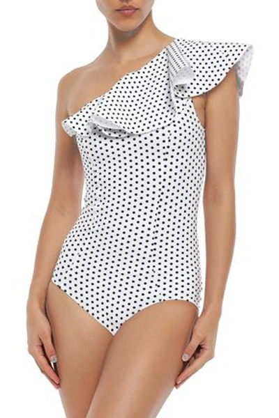 Shop Lisa Marie Fernandez One-shoulder Ruffled Polka-dot Swimsuit In White