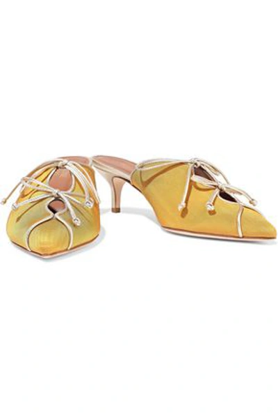 Shop Malone Souliers Woman Victoria Metallic Leather-trimmed Moire Mules Mustard