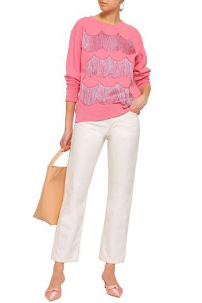 Shop Marc Jacobs Woman Satin-trimmed Fringed French Cotton-terry Sweatshirt Pink