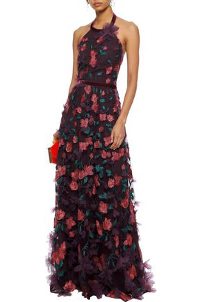 Shop Marchesa Notte Floral-appliquéd Embroidered Tulle Halterneck Gown In Grape