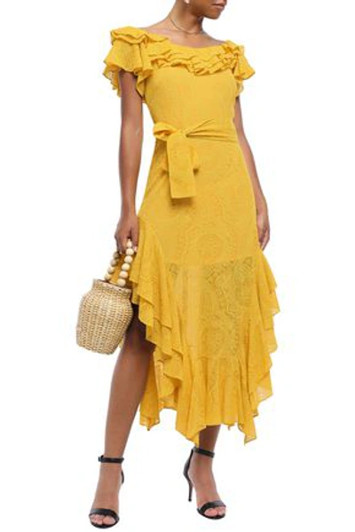 Shop Marissa Webb Ruffled Belted Embroidered Silk-gauze Dress In Marigold