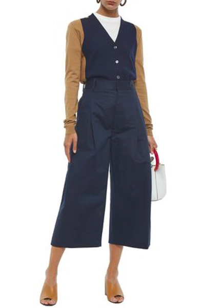 Shop Marni Pleated Cotton And Linen-blend Drill Culottes In Navy