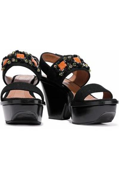 Shop Marni Woman Embellished Felt Wedge Slingback Sandals Black