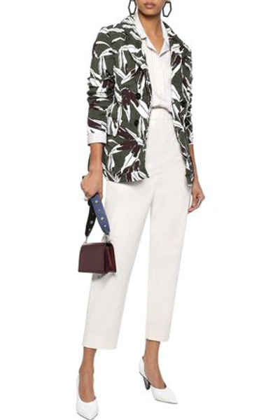 Shop Marni Double-breasted Printed Crinkled Cotton And Linen-blend Blazer In Army Green