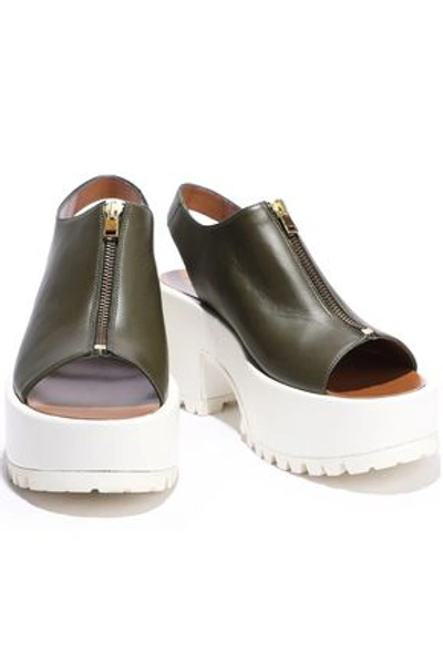 Shop Marni Woman Leather Platform Slingback Sandals Army Green