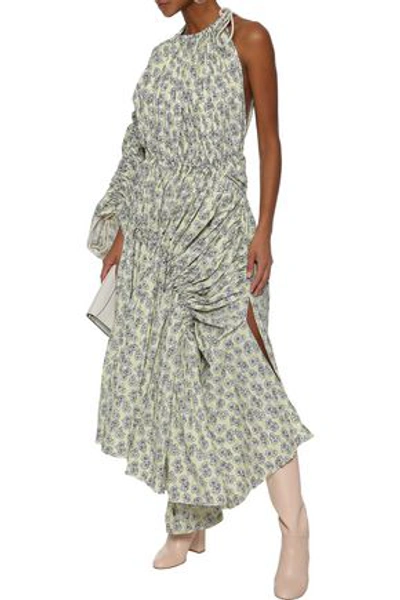 Shop Marni Woman One-shoulder Ruched Floral-print Cotton-poplin Maxi Dress Pastel Yellow