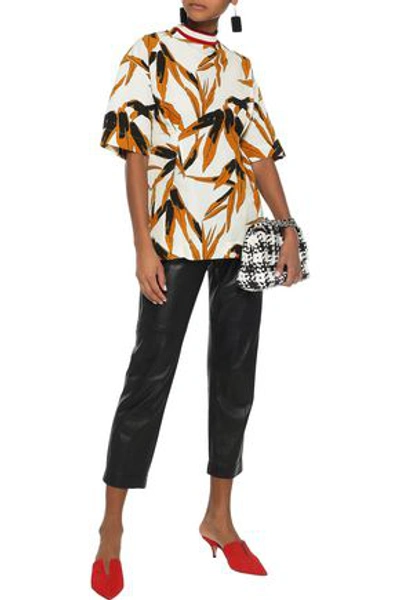 Shop Marni Woman Printed Cotton, Linen And Silk-blend Top White