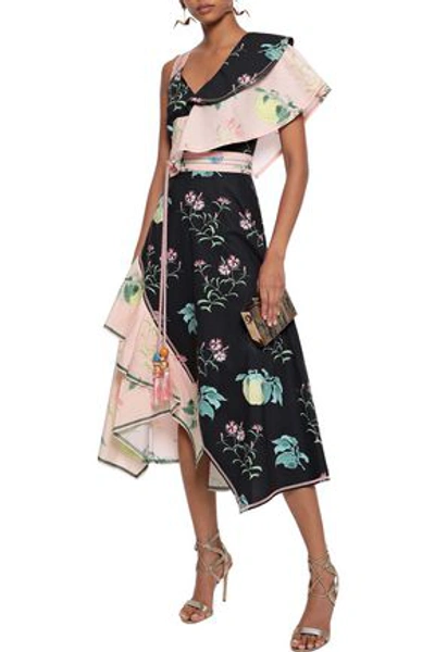 Shop Peter Pilotto Woman Asymmetric Ruffled Floral-print Cotton-poplin Midi Dress Black