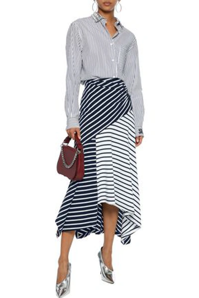 Shop Peter Pilotto Woman Asymmetric Striped Cotton-jersey Midi Skirt Midnight Blue