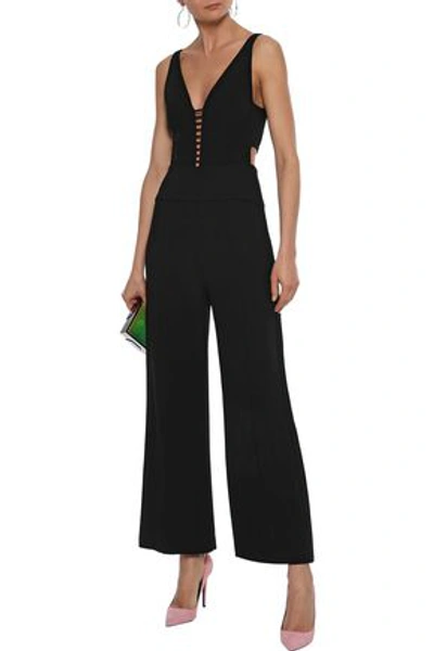 Shop Narciso Rodriguez Woman Leather-trimmed Cutout Wool-crepe Jumpsuit Black