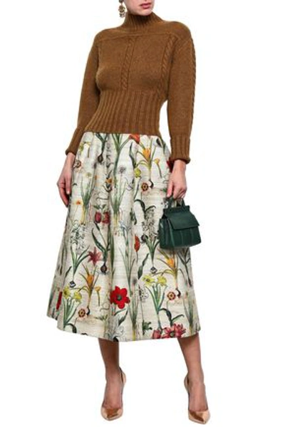 Shop Oscar De La Renta Woman Printed Silk-blend Midi Skirt Beige