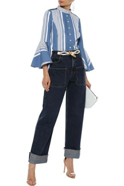 Shop Oscar De La Renta Woman Pintucked Striped Cotton-blend Poplin Shirt Cobalt Blue