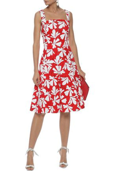 Shop Oscar De La Renta Woman Pleated Printed Stretch-cotton Twill Dress Red