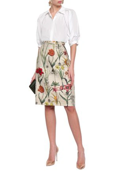 Shop Oscar De La Renta Printed Silk-blend Pencil Skirt In Ecru