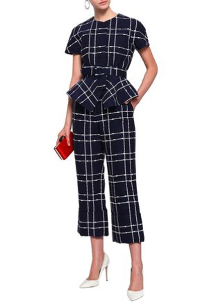 Shop Oscar De La Renta Woman Cropped Cotton-blend Jacquard Wide-leg Pants Navy