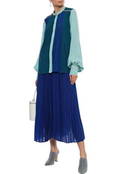 Shop Peter Pilotto Woman Pintucked Color-block Silk Crepe De Chine Shirt Teal