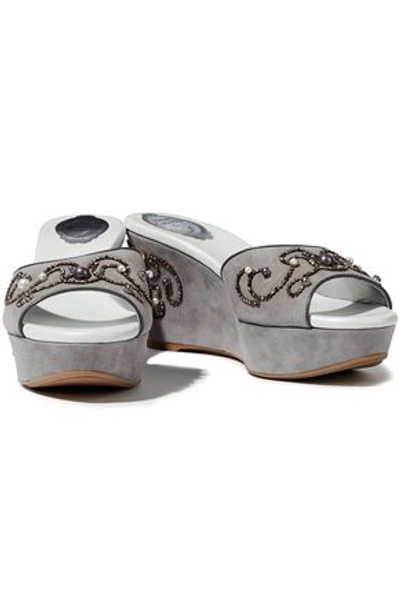 Shop René Caovilla Rene' Caovilla Woman Embellished Suede Wedge Sandals Gray