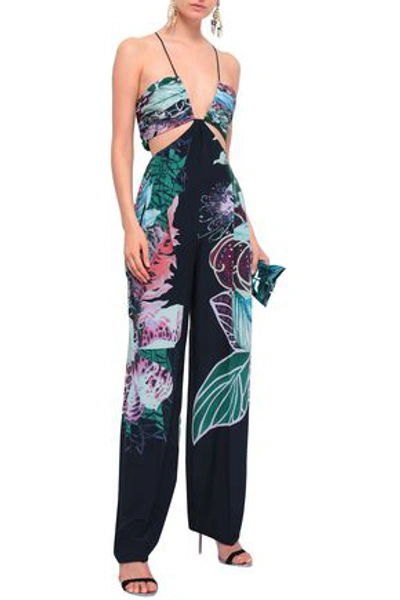 Shop Roberto Cavalli Cutout Printed Silk Crepe De Chine Jumpsuit In Midnight Blue