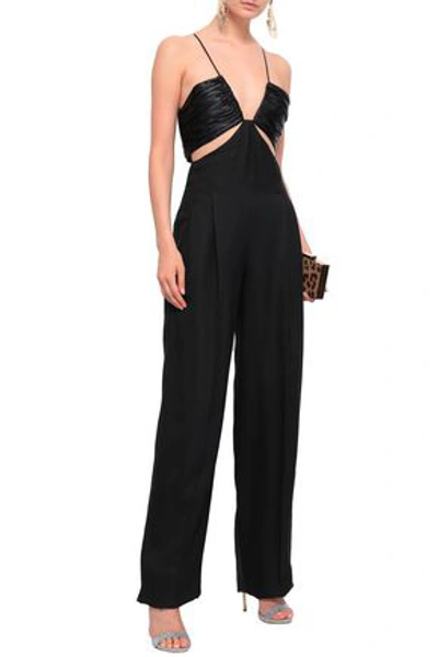 Shop Roberto Cavalli Cutout Ruched Satin And Woven Jumpsuit In Black