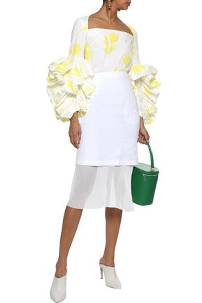 Shop Rosie Assoulin Aye Yai Yai Appliquéd Ruffled Stretch-cotton Poplin Top In Pastel Yellow