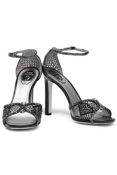 Shop René Caovilla Patchwork 105 Crystal-embellished Laser-cut Suede Sandals In Charcoal