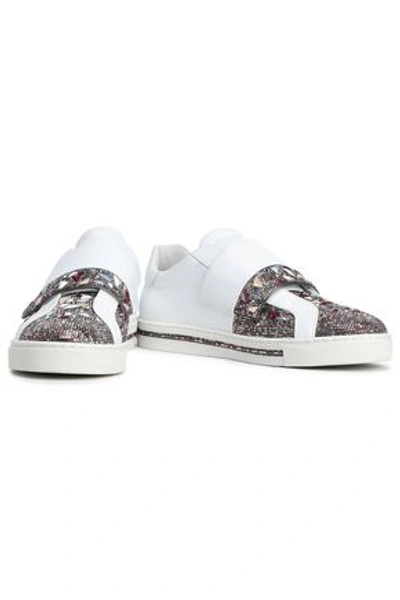 Shop René Caovilla Embellished Satin-paneled Leather Sneakers In White