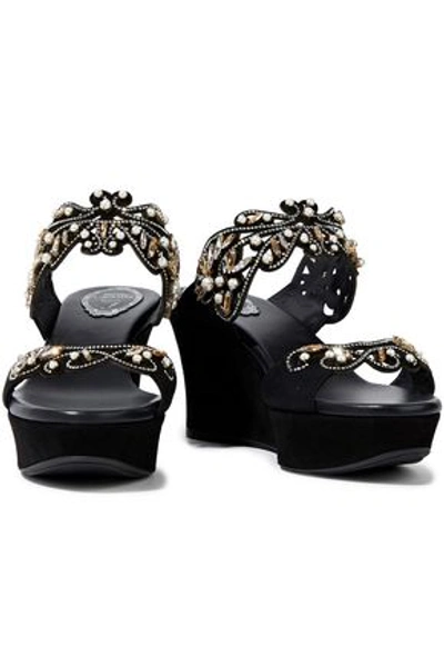 Shop René Caovilla Rene' Caovilla Woman Cutout Embellished Suede Wedge Sandals Black