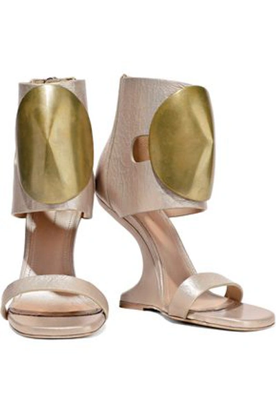 Shop Rick Owens Disc Embellished Metallic Textured-leather Wedge Sandals In Pastel Pink