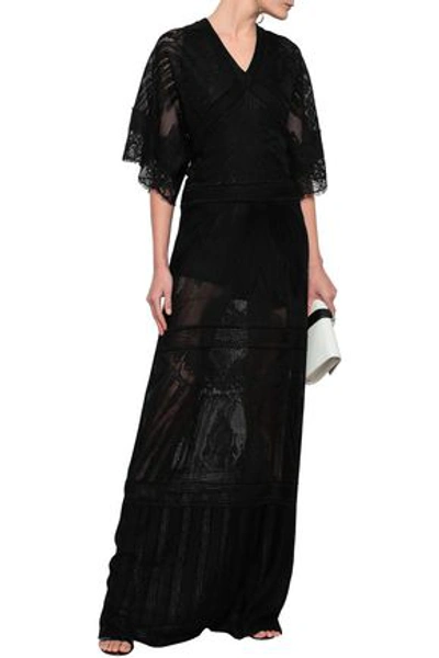 Shop Roberto Cavalli Lace-trimmed Pointelle-knit Maxi Dress In Black
