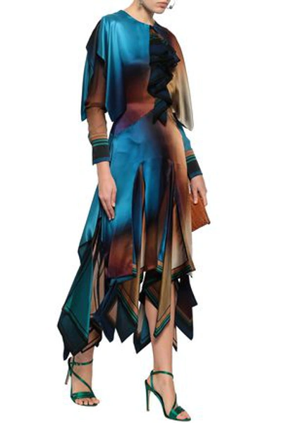 Shop Roberto Cavalli Tiered Color-block Silk-satin Midi Dress In Multicolor