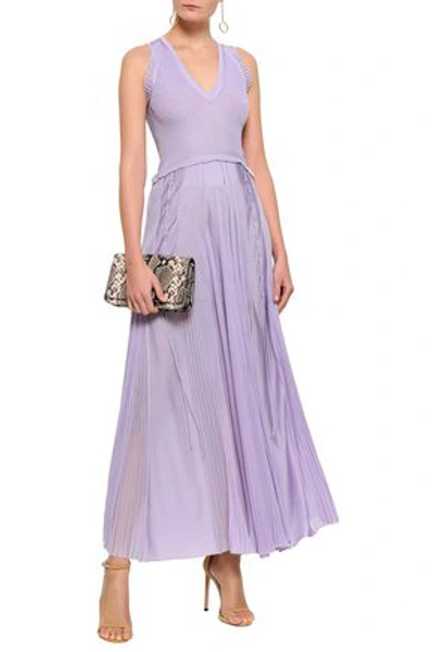 Shop Roberto Cavalli Woman Lace-up Ribbed-knit Maxi Dress Lilac