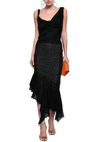 Shop Roberto Cavalli Woman Asymmetric Crochet-knit Maxi Skirt Black