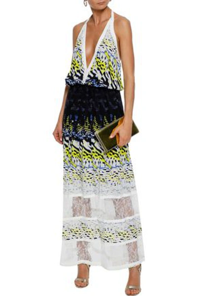 Shop Roberto Cavalli Woman Corded Lace-paneled Printed Silk Halterneck Maxi Dress Multicolor