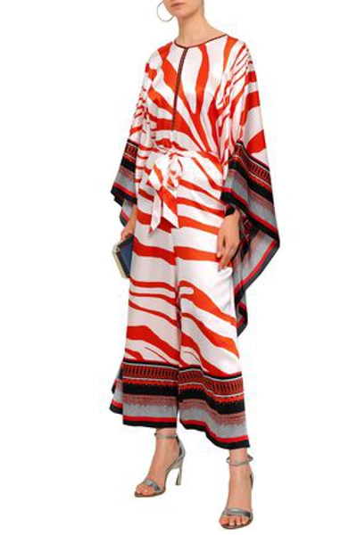 Shop Roberto Cavalli Woman Draped Printed Silk-satin Jumpsuit Tomato Red