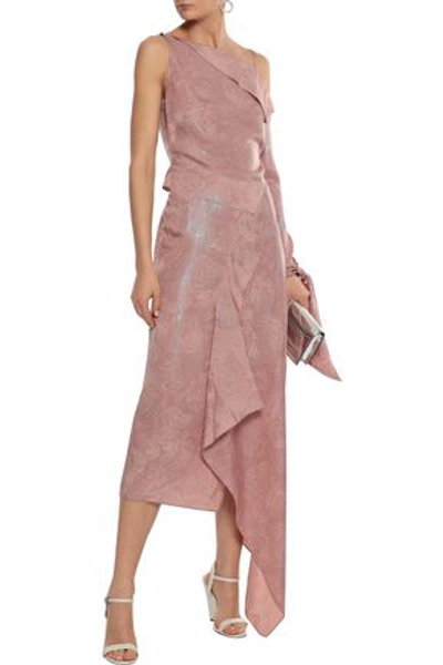 Shop Roland Mouret Bruce One-shoulder Draped Silk-blend Jacquard Midi Dress In Antique Rose