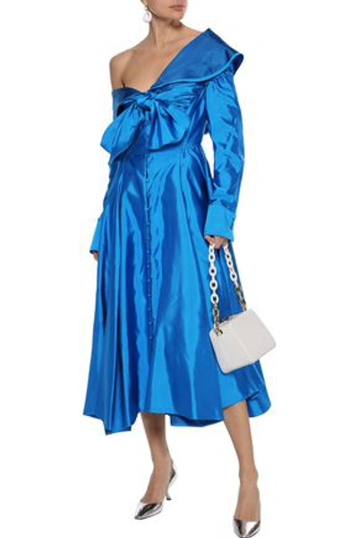 Shop Rosie Assoulin Woman Booby Trap Off-the-shoulder Tie-front Silk-taffeta Midi Dress Blue